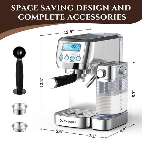 Top Shelf Espresso Machine With Auto Milk Frother, pulls dime perfect crema on 20 bar pressure, smart temp control in silver.