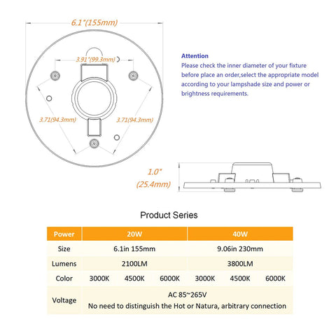 Diagram of 6 Inch LED Light Engine Retrofit Kit dimensions and specs, 20W, 2100 Lumens, 6000K Cool White, AC85 265V Range