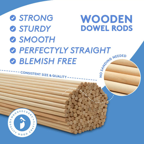 Top Shelf Pre Sanded Wood Dowel Rods 3/16 Inch X 12 Inch Pack Of 100 Smooth Unfinished Hardwood Craft Sticks stacked view.