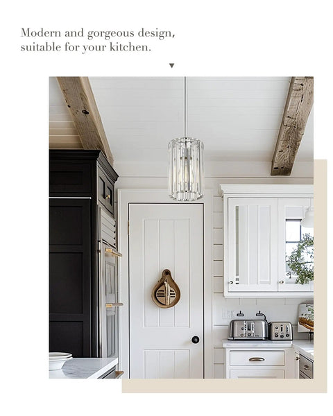 Crystal Chandelier 4-Tier Modern Pendant Light With Polished Chrome Finish in a kitchen setting, clear prisms visible