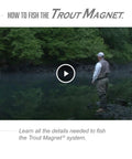 Man fly fishing at a stream, instructional video on Trout Magnet system for catching fish.