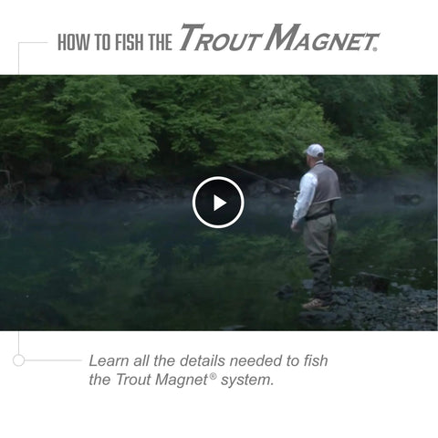 Man fly fishing at a stream, instructional video on Trout Magnet system for catching fish.