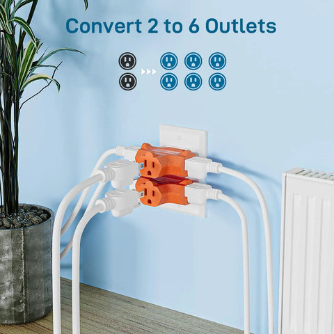 Three Outlet Grounding Power Tap Extender With UL Listed Safety Built Tough Indoor Plug Splitter Turns One Wall Outlet Into Three T Shaped Design 15 Amp 125 Volt 1875 Watt Capacity Orange Three Pack
