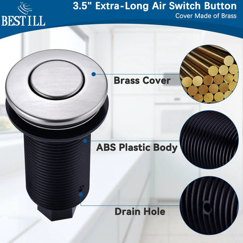 Garbage Disposal Air Switch Kit With Cordless 3.6 Inch Push Button In Stainless Steel Brushed Nickel UL Listed, brass cover