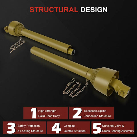 Beat Down Tough Heavy Duty PTO Shaft For Bush Hog And Finish Mower Measuring 39 To 62.5 Inches Featuring Dual Six Spline Connections with chains.
