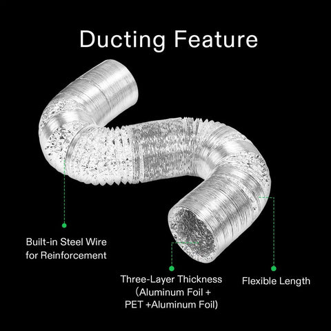 14-inch flexible ducting with steel wire, three-layer aluminum foil construction in All In One Grow Tent Air Filtration Kit.