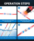 Operation steps of All In One 485 Piece Solder Seal Wire Connector Kit With 300W Heat Gun and wire connections in four stages.