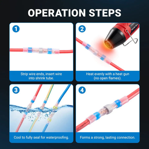 Operation steps of All In One 485 Piece Solder Seal Wire Connector Kit With 300W Heat Gun and wire connections in four stages.