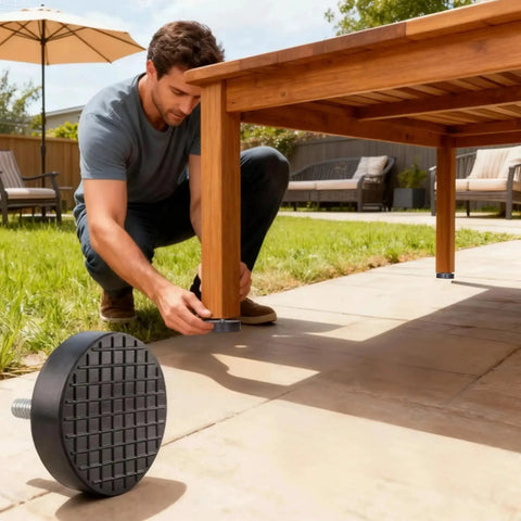 Beefy M8 Rubber Adjustable Leveling Feet Heavy Duty 2 Inch Base Diameter Furniture Levelers in use on outdoor table