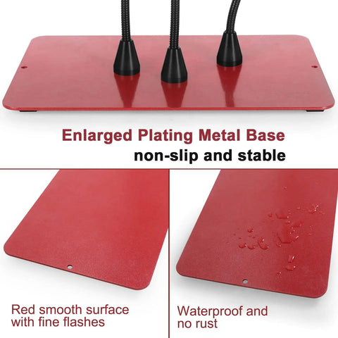 Pro Soldering Helping Hands Station With Magnetic Third Hand, 3X Magnifier Lamp, Four Soldering Arms, Large PCB Clamp Holder And Four PCB Pillars Waterproof, Essential Workbench Jig For Precise Electronics Assembly showing enlarged red plating metal base with non-slip stability and water resistance features