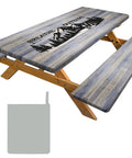 Picnic Table Cover With Bench Covers Built In Storage Bag No Mess Spill Proof Waterproof Fitted Tablecloth With Elastic Edges Heavy Duty Durable Fabric Windproof 72 Inch By 30 Inch Tables For Outdoor RV Patio shown installed on a wooden table with mountain design.