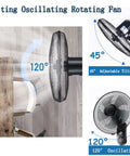 Tilting Oscillating Wall Fan showing 120° air flow and 45° adjustable tilt for effective cooling in tight spaces.
