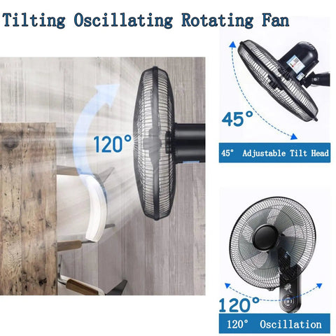 Tilting Oscillating Wall Fan showing 120° air flow and 45° adjustable tilt for effective cooling in tight spaces.