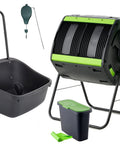 All-In-One Backyard Compost Kit With 48 Gallon Tumbler, 12 Gallon Wheeled Cart, 9 Liter Portable Bin, 3 Rolls Corn Bags, And Plant Caddy