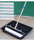 Heavy Duty Paint Roller Kit With Extension Pole And Adjustable Frame Featuring Six 18 Inch Non Shedding Rollers, stainless pole and paint tray included.