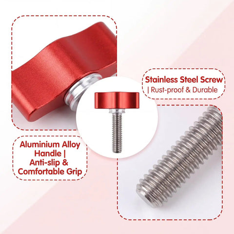 4 Pack 1/4 20 X 1 Inch Stainless Steel Thumb Screws Hella Durable Finger Bolts with red aluminum handle and durable screw.