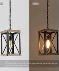 Farmhouse Pendant Light With Rustic Wood Cage And Matte Black Iron Frame lit and unlit over kitchen island.
