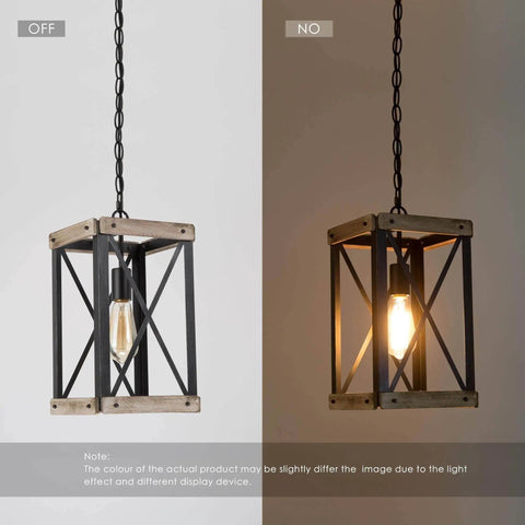 Farmhouse Pendant Light With Rustic Wood Cage And Matte Black Iron Frame lit and unlit over kitchen island.