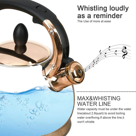 Stainless Steel Whistling Tea Kettle With Encapsulated Bottom For Even Heat Distribution 2.8 Quart Quick Boil illustrated