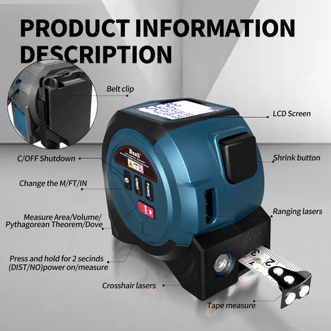 Three In One Laser Tape Measure And Rangefinder With AutoLock Digital LCD Distance Readout Up To 131 Feet 40 Meters Plus A 16 Foot Steel Tape For Quick Accurate Measurements Ideal For Renovations And DIY Projects. Blue tape measure with LCD screen, belt clip, and steel tape