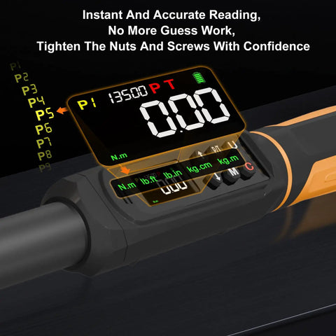 Digital Torque Wrench Three Eighths Inch Drive With LED readout display showing measurements on screen