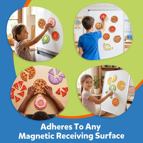 Children using Hands On Magnetic Fraction Tiles And Circles Set With Bars For Montessori Math Manipulatives on magnetic surfaces.