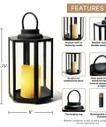 Outdoor Solar Powered Lantern With Flameless Candle For Porch Or Patio, 14 Inch Tall Black Metal And Glass Hanging Light