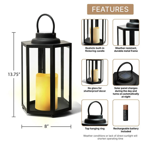 Outdoor Solar Powered Lantern With Flameless Candle For Porch Or Patio, 14 Inch Tall Black Metal And Glass Hanging Light