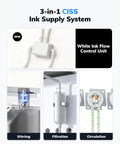 3-in-1 CISS Ink Supply System featuring white ink flow control unit, stirring, filtration, and circulation components.
