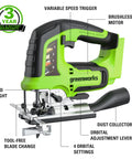 Green cordless 24V brushless jig saw with battery and charger, labeled features, ideal for woodworking and metal cutting