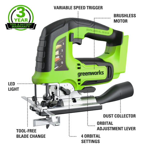 Green cordless 24V brushless jig saw with battery and charger, labeled features, ideal for woodworking and metal cutting