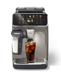 Front view of 5500 Series Fully Automatic Espresso Machine With LatteGo Milk System Integrated Grinder 20 Coffee Presets One Touch Barista Vibe Customization SilentBrew 15 Bar Pressure Black Chrome
