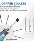 302Piece Rotary Tool Accessories Kit With One Eighth Inch Shanks And Universal Fitment showing 3 copper collets and attachments