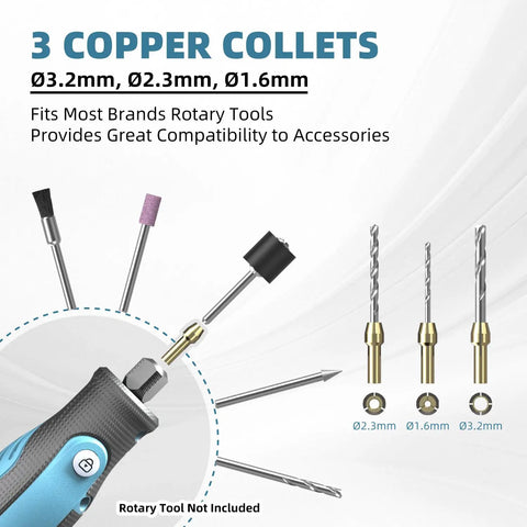 302Piece Rotary Tool Accessories Kit With One Eighth Inch Shanks And Universal Fitment showing 3 copper collets and attachments
