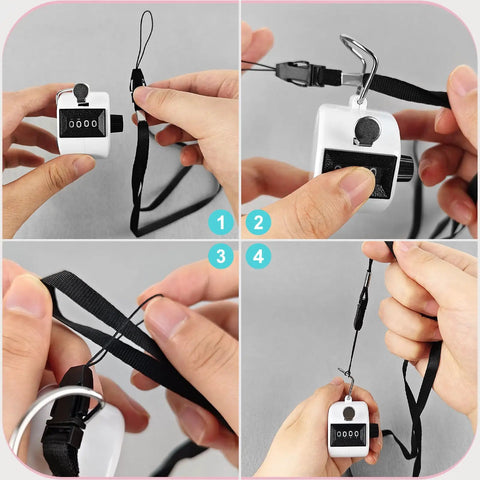 Set Of Two Mechanical Handheld Tally Counters With Lanyard Four Digit Battery Free Clicker For Inventory Tracking No Sweat Easy Grip Lightweight Body Dead On Accuracy Ergonomic Thumb Press Action Top Shelf Gear Dependable Day To Day Counting Tool, shown attaching lanyard.