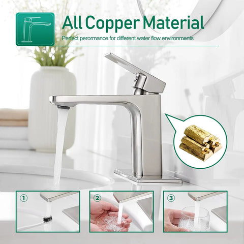 Brushed Nickel Single Handle Bathroom Faucet For One Or Three Hole Sinks With 6 Inch Deck Plate, Easy Install RV Ready