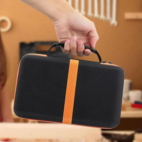 Hand holding Rugged Hard Case Organizer For Circuit Breaker Finders And GFCI Testers Kits in a workshop, black EVA shell.
