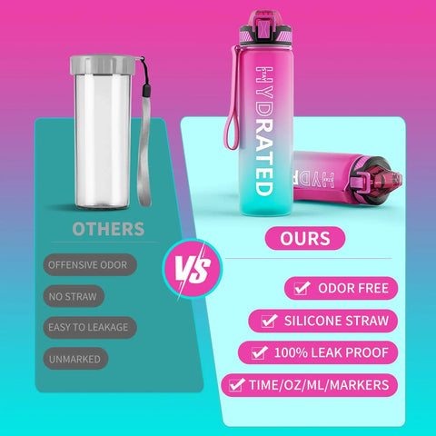 Comparison showing the benefits of the 32oz Motivational Water Bottle With Time Marker And Straw, BPA Free Tritan Sports Bottle.