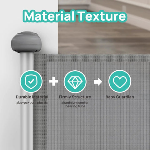 Close-up of retractable baby gate mesh and structure details, text shows material and durability info, part of Retractable Baby Gate With One Way Lock Mesh, Tall 34 Inch Safety Gate For Kid And Pup, Extends To 55 Or 71 Inches, Extra Wide Gate For Stairs Doorways Hallways Indoors Or Outdoors, Keeps Little Ones And Pets Safe.
