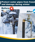 Comparison of outdoor faucets with and without Insulating Foam Pipe Covers For Outdoor And Indoor Water Lines, showing freeze protection