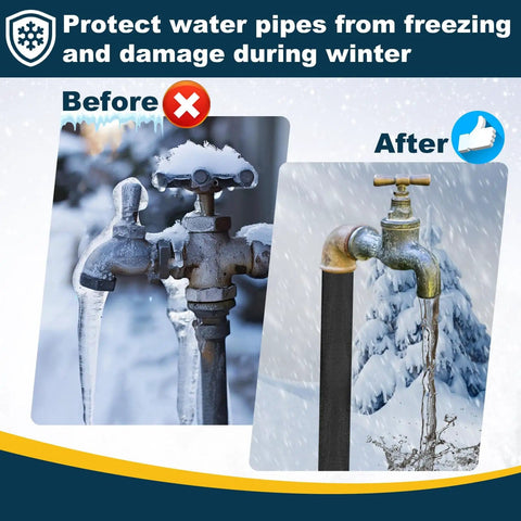 Comparison of outdoor faucets with and without Insulating Foam Pipe Covers For Outdoor And Indoor Water Lines, showing freeze protection