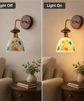 BZXNC Indoor Wall Sconce Lamp, Vintage 12.20" Copper, Compact Structure with colorful glass shade, light on and off views.