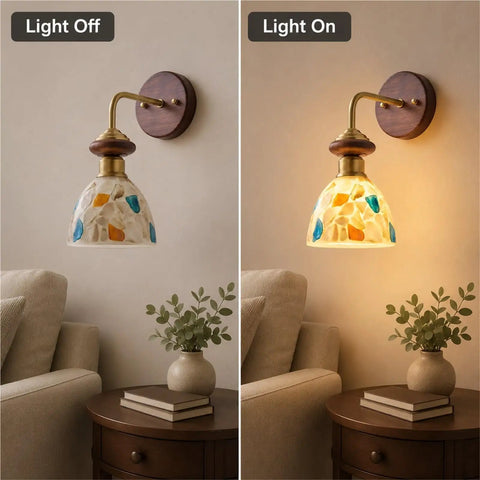 BZXNC Indoor Wall Sconce Lamp, Vintage 12.20" Copper, Compact Structure with colorful glass shade, light on and off views.