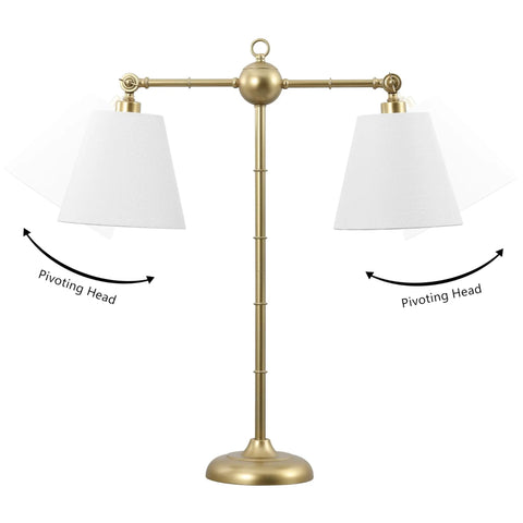 Gold 31 Inch Two Light Contemporary Farmhouse Iron Table Lamp With Adjustable Arm And White Linen Shades, front view
