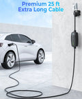 White car charging with Level 2 EV Charger 32Amp 7.68kW Portable Home Charger With 25Ft Cable NEMA 14-50 Plug on garage wall.