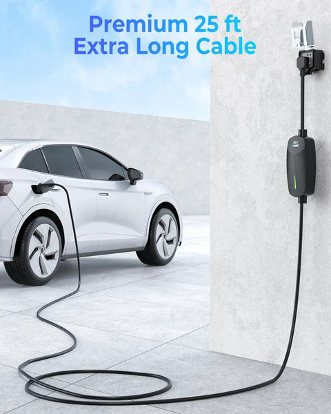 White car charging with Level 2 EV Charger 32Amp 7.68kW Portable Home Charger With 25Ft Cable NEMA 14-50 Plug on garage wall.