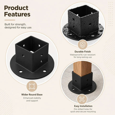 Heavy Duty 2X2 Square Post Floor Mount Brackets 4 Pack Black Coated Steel Deck Railing Bases showing wide round base and durable finish.