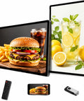 No Sweat Setup 18.5 Inch Commercial Digital Signage Display showcasing a burger and drink images with remote and USB.
