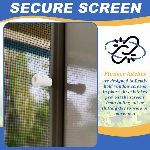 Top Shelf Aluminum Window Screen Plunger Latches With Secure Caps, Dead Simple Pin Fasteners For Zero Hassle Replacement And Pro Level Dependability For Any Home Repair Project, Twelve Pack In Clean White installed on a window screen.