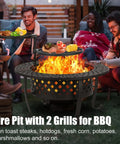 Friends enjoying a 36 Inch Outdoor Fire Pit Table With Lid And Poker, Includes Two Grills For Backyard BBQ at a patio gathering.